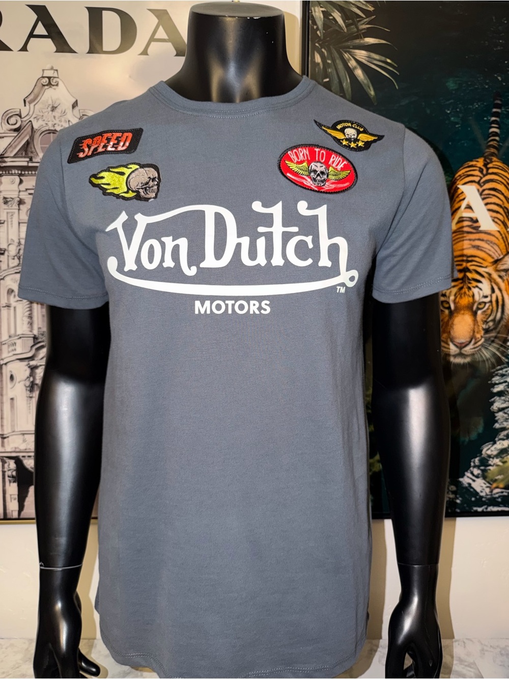 Von Dutch Slate Gray Tee with White Logo and Moto Patches
